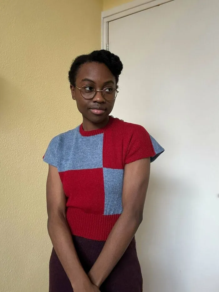 A woman wearing a stylish red and blue checkered knit short-sleeve top, demonstrating knitting skills.
