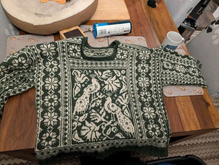 An impressive knitting creation of a green and white woolen sweater with intricate bird and floral patterns