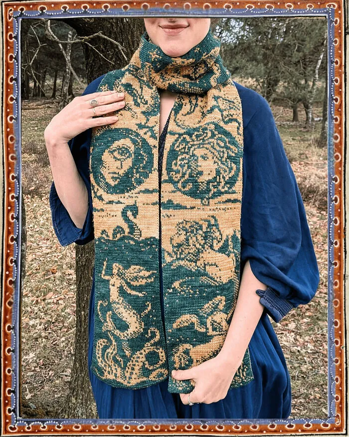 A beautiful knitting masterpiece featuring a hand-knit scarf with detailed mythological figures