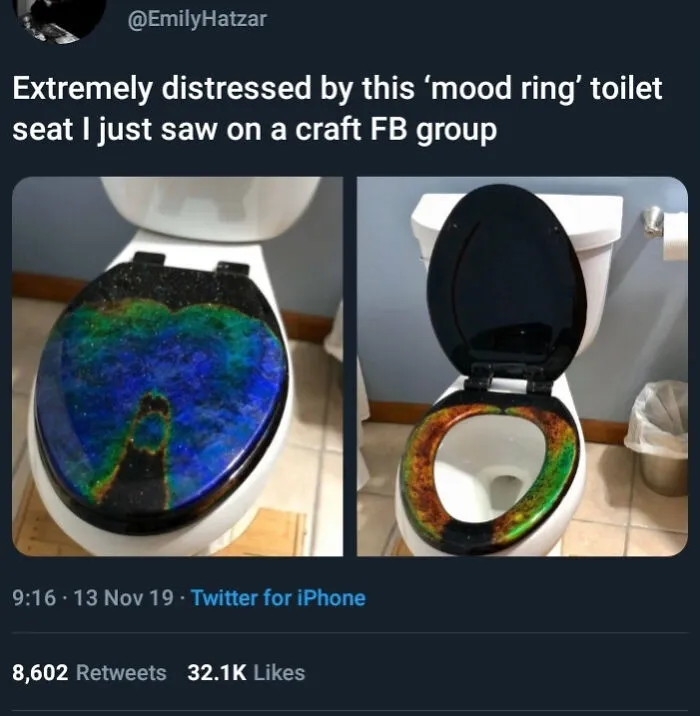A mood ring toilet seat changing colors from body heat, illustrating weird DIY projects.