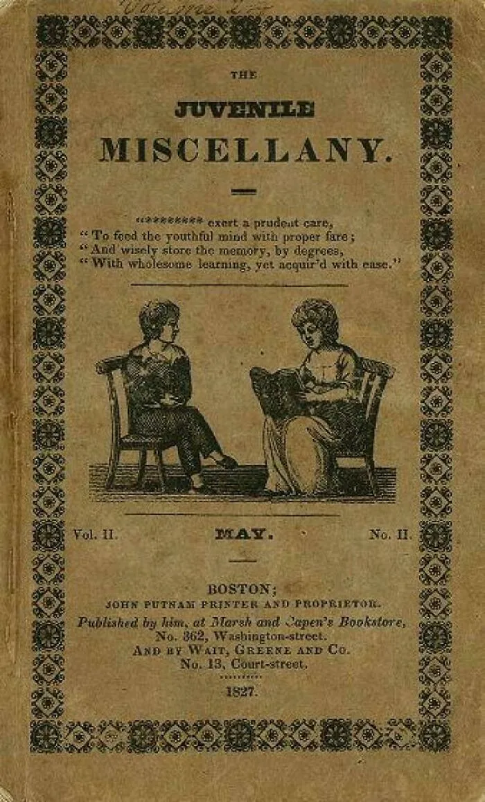 Historical treasures featuring the vintage cover of The Juvenile Miscellany book from 1827