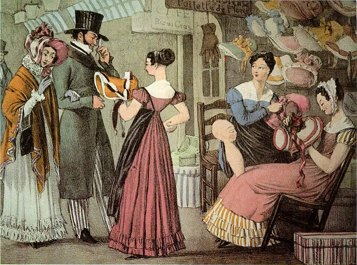 Historical treasures artwork depicting people shopping for bonnets and fashion in a 19th-century millinery shop.