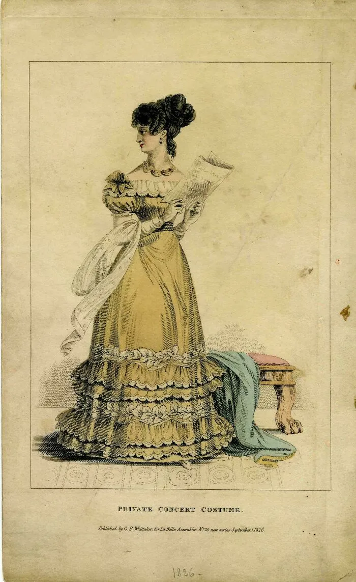 Historical treasures vintage fashion illustration of a woman in an 1826 concert gown holding sheet music.