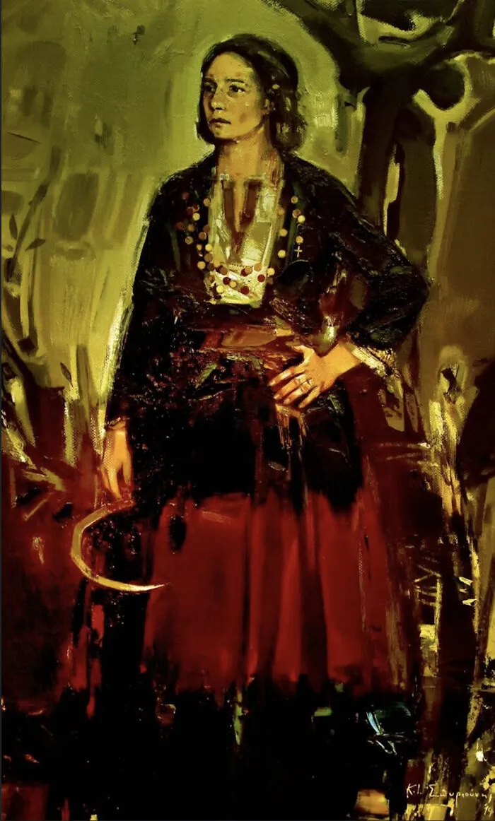 Historical treasures artwork depicting a woman standing with a sickle in traditional attire