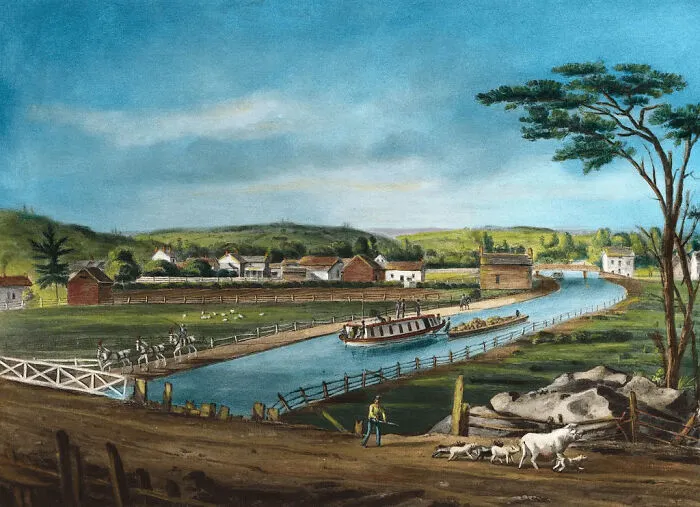 Landscape painting showing a canal boat in a rural town, representative of historical treasures from 200 years ago.