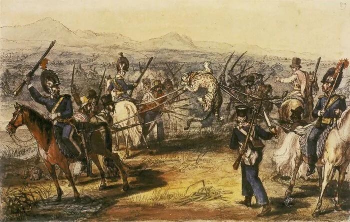 Painting of soldiers on horseback fighting a leopard among historical treasures