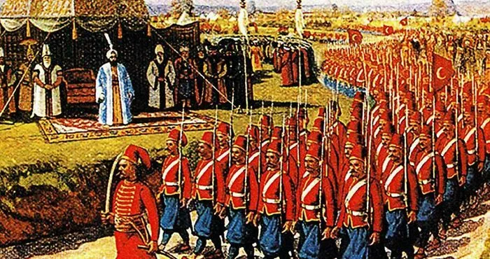 Painting of Ottoman soldiers marching before a leader, showcase of historical treasures from 200 years ago.