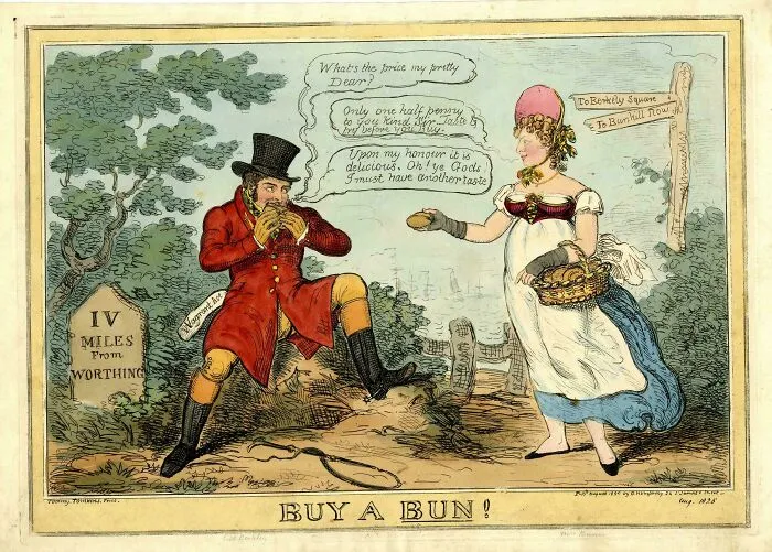 Satirical 1820s illustration titled Buy A Bun, featuring a man and woman as historical treasures from 200 years ago.