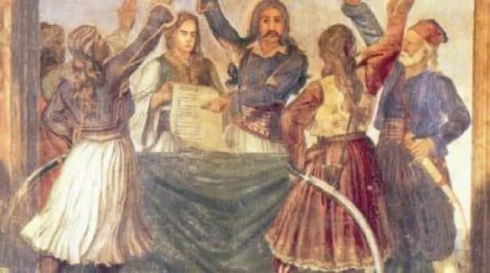 Historical artwork depicting Greek freedom fighters holding a document, representing historical treasures from 200 years ago.