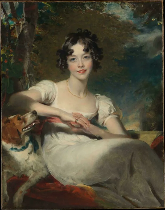 Portrait painting of a 19th-century woman with her dog, one of many historical treasures from 200 years ago.