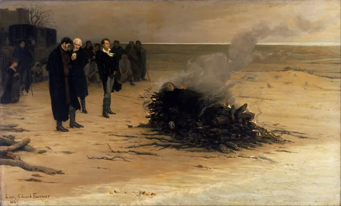 An oil painting depicting a funeral pyre on a beach, featured as one of many historical treasures from 200 years ago.