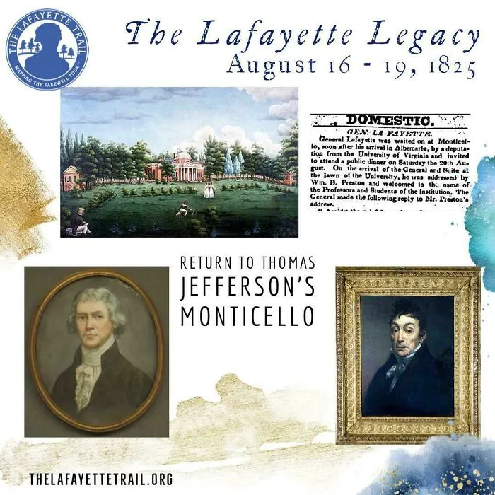Historical treasures collage showing Thomas Jefferson, Lafayette, and Monticello estate historical documents.