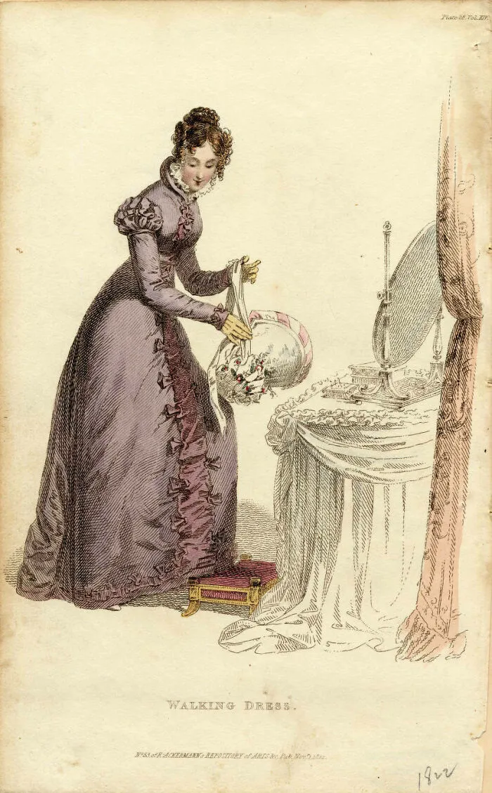 Historical treasures 19th-century illustration of a woman in a purple walking dress holding a bonnet near a vanity mirror.