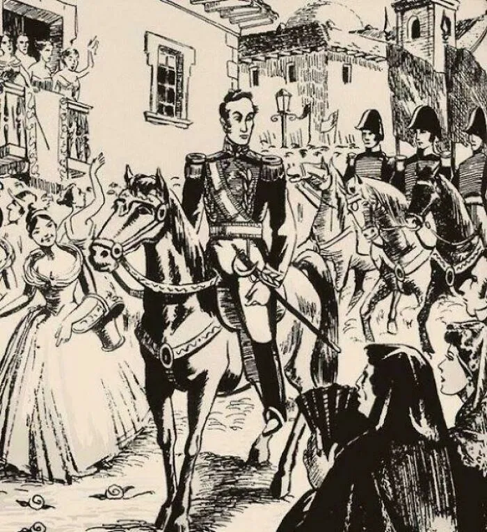 Historical treasures black and white illustration of a military leader on horseback riding past cheering crowds.