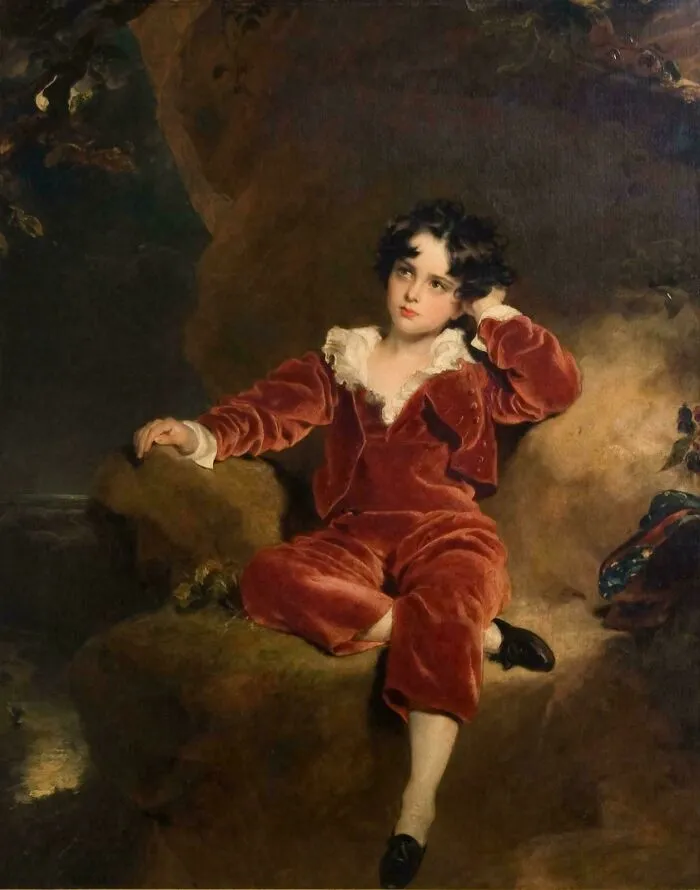 Painting of a young boy in a red velvet suit, showcasing historical treasures from 200 years ago.
