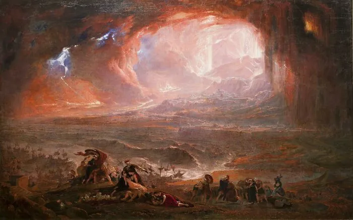 A dramatic historical painting showing a volcanic eruption, included in historical treasures from 200 years ago.
