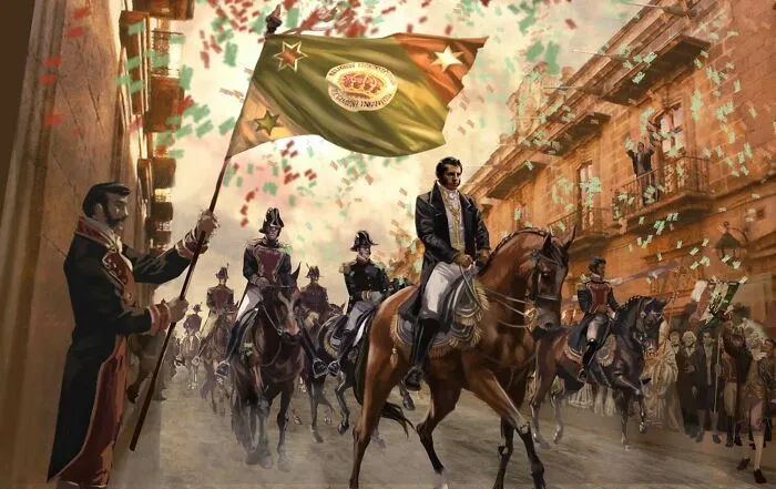 Historical treasures artwork depicting general on horseback during a victory parade with flags and confetti.