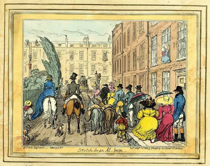 Colorful vintage illustration showing people on a busy city street, a historical treasure from 200 years ago.