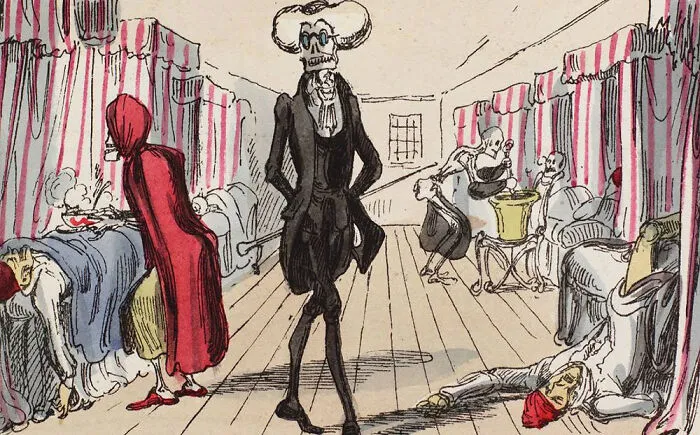 Satirical historical treasures cartoon showing skeletal figures in a 19th-century hospital setting.