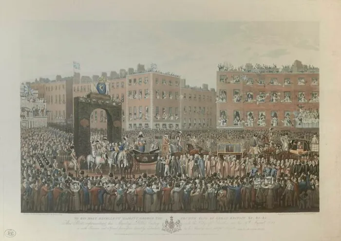 Engraving depicting a large public procession crowd as a historical treasure from the past.