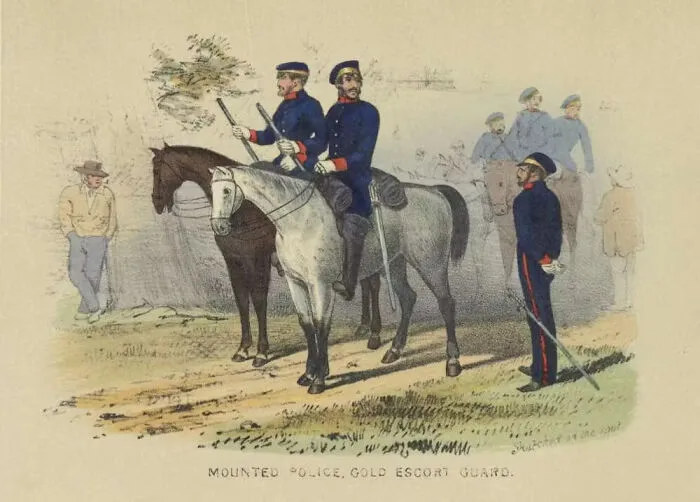 Historical treasures vintage illustration of mounted police and gold escort guard on horses.