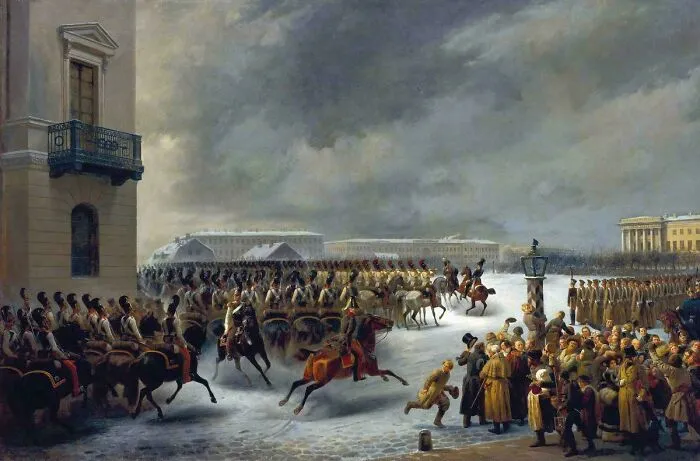 Historical treasures painting showing cavalry and soldiers assembled in a snowy city square.