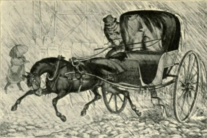 Historical treasures vintage drawing of a horse-drawn carriage speeding through rainy weather.