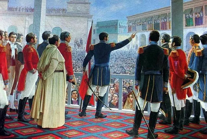 Historical treasures painting depicting military leaders addressing a large crowd from a balcony.
