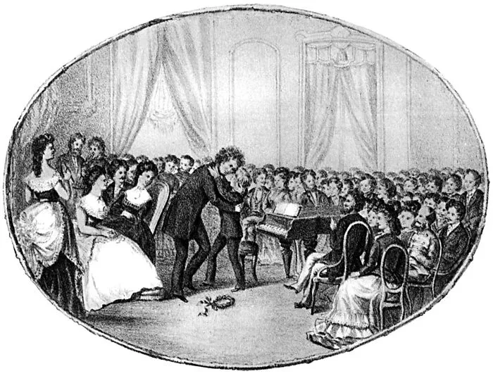 Historical treasures drawing of Beethoven embracing a young Liszt in front of an audience near a piano.