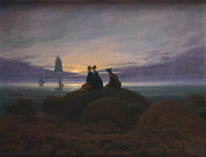 Historical treasures painting of people sitting on rocks watching sailboats 200 years ago