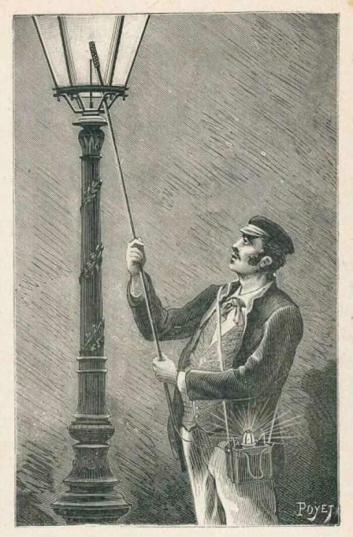Historical treasures illustration of a lamplighter lighting a streetlamp.