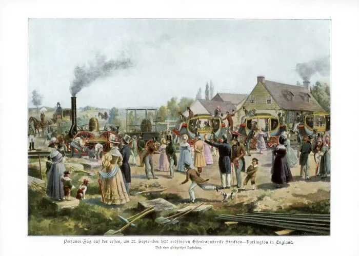 Illustration of the opening of the Stockton and Darlington Railway, a historical treasure from the 1800s.