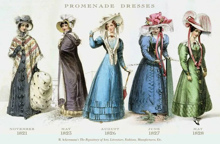Historical treasures showing women in promenade dresses from 200 years ago.