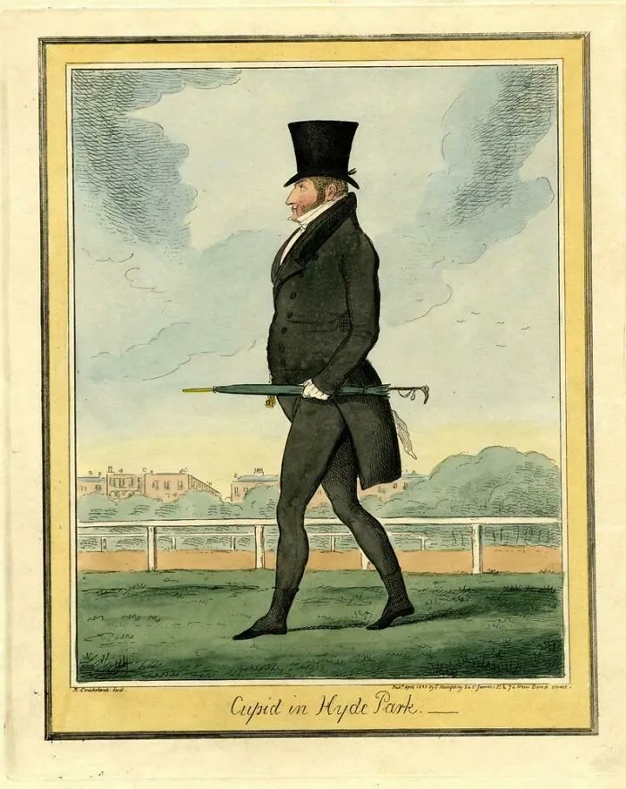 Historical treasures caricature drawing titled Cupid in Hyde Park depicting a gentleman walking in a top hat.