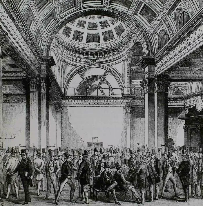 Historical treasures vintage engraving of men gathered in a grand hall 200 years ago