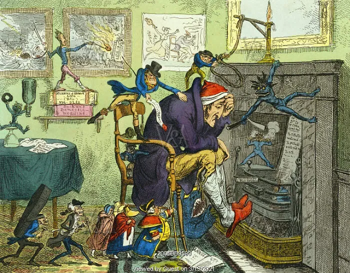 Satirical antique illustration of a man surrounded by small imps, a unique historical treasure.