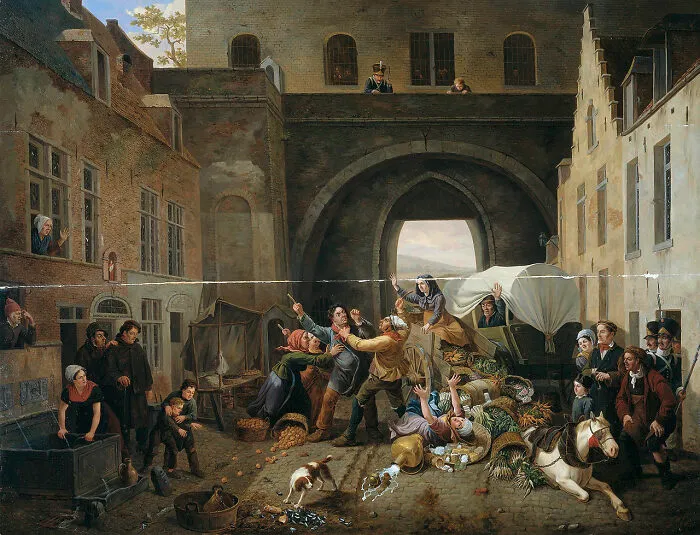 Historical treasures oil painting depicting a bustling market scene from 200 years ago