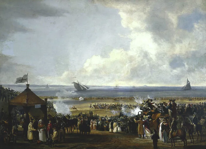 Large historical treasure artwork showing a coastal military gathering with ships and troops.