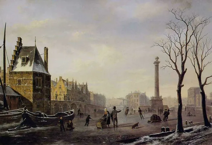 Historical treasure painting depicting people ice skating on a frozen canal in a European town.