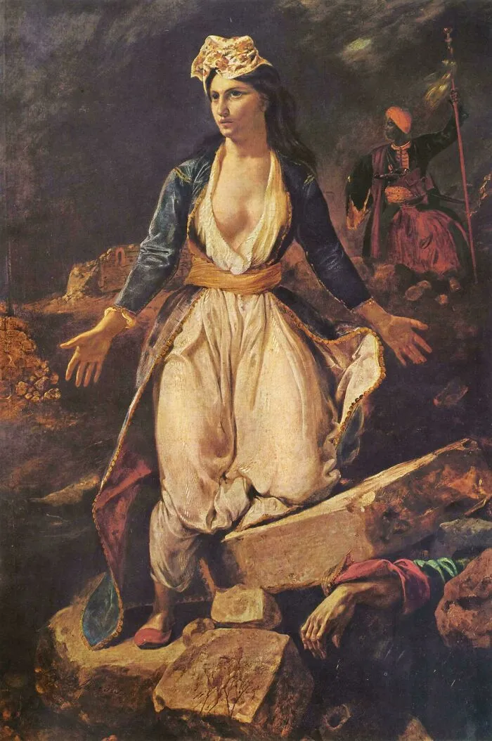 Painting of a woman standing in ruins, serving as a historical treasure from the past.