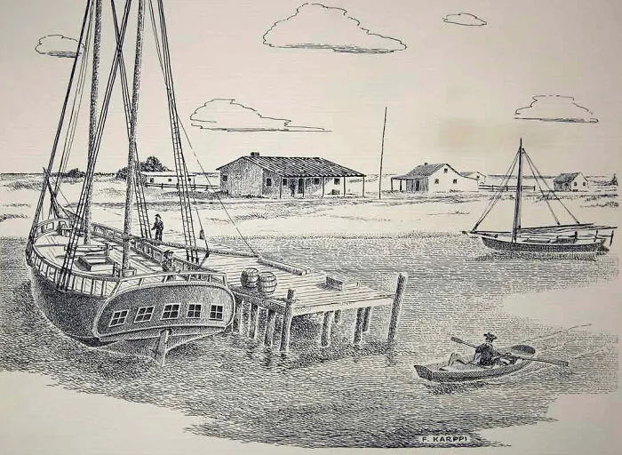 A vintage sketch of sailing ships docked at a pier, reflecting historical treasures from 200 years ago.