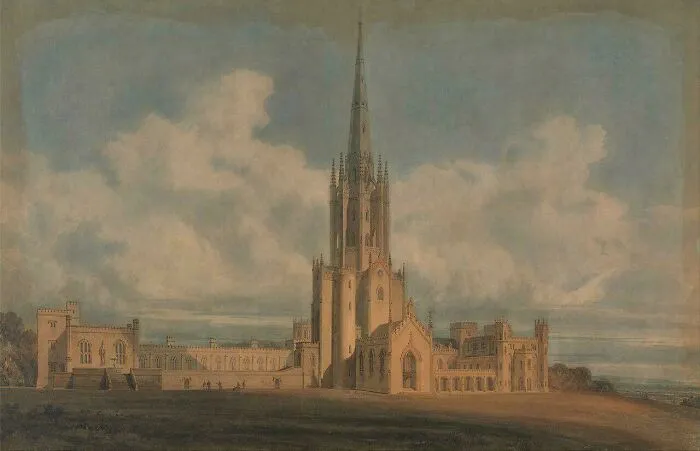 An architectural painting of Fonthill Abbey, an example of historical treasures from the past.