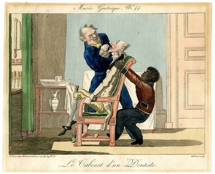 A satirical illustration of a dentist extracting a tooth, representing historical treasures.