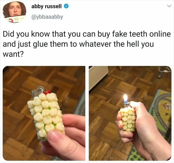 A hand holding a lighter decorated with creepy fake teeth, showing odd DIY projects.