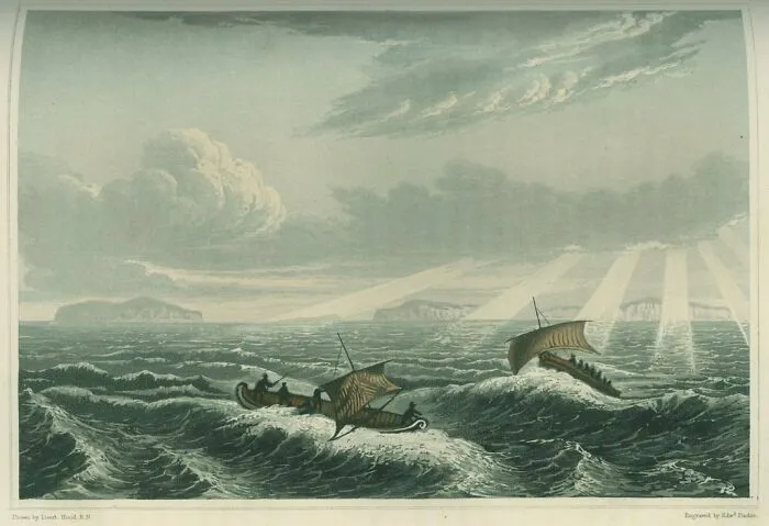 An antique engraving depicting small sailing boats navigating choppy ocean waters, showcasing historical treasures.