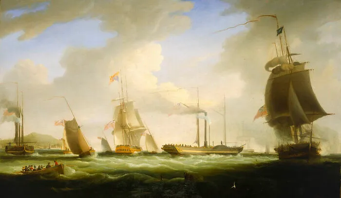 A detailed painting of tall ships and early steam vessels at sea, showcasing historical treasures from 200 years ago.