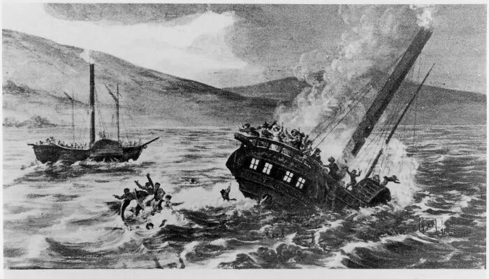 A black and white illustration of a sinking ship with survivors in the sea, among historical treasures from 200 years ago.