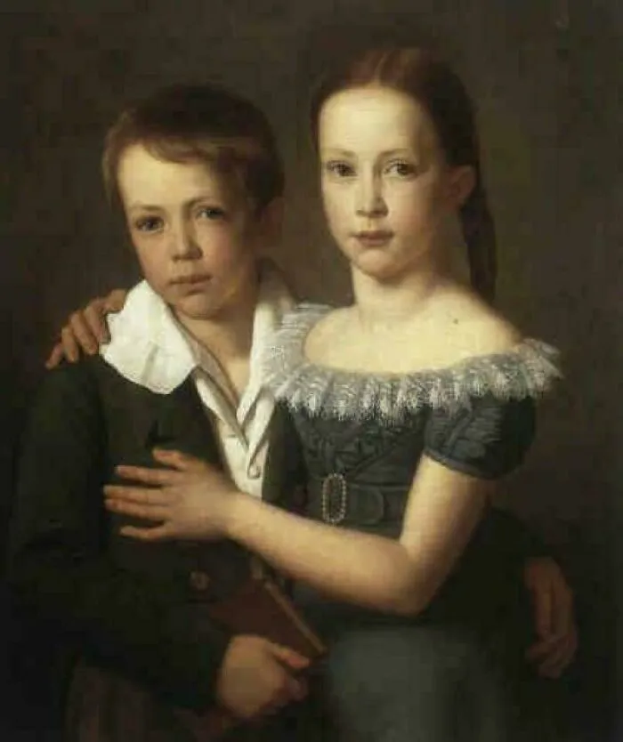 An oil painting portrait of two young children, depicting historical treasures from 200 years ago.