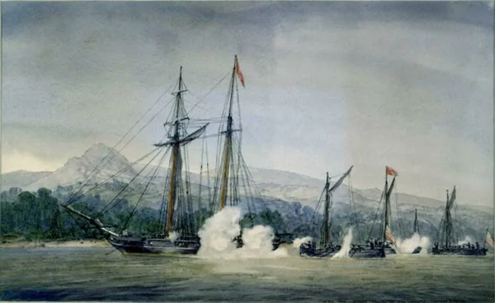 A watercolor painting of warships firing cannons in a bay, representing historical treasures from 200 years ago.