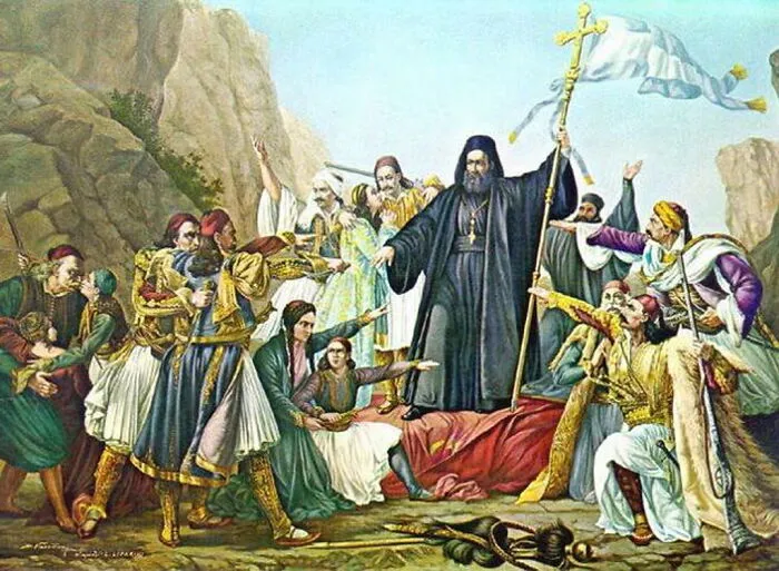 Colorful painting of a bishop holding a cross among a crowd, one of many historical treasures from the past